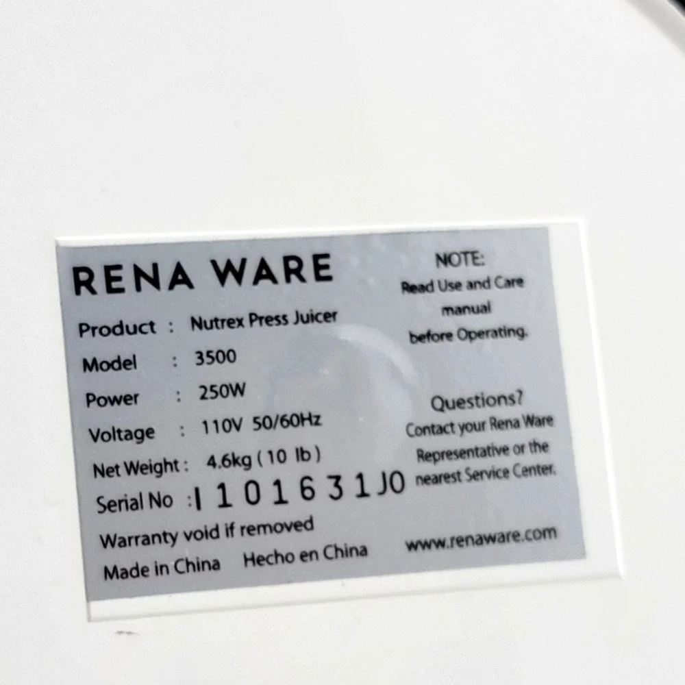 Rena Ware Nutrex Press Juicer 3500 Cold Press Masticating‎ Juicer Complete Kit